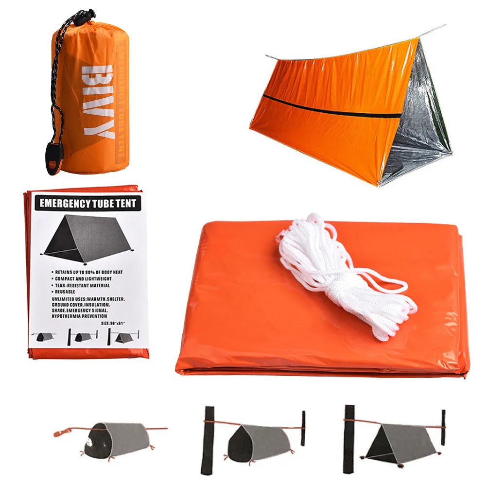 Emergency Survival Tube Tent Kit Thermal Blanket Shelter