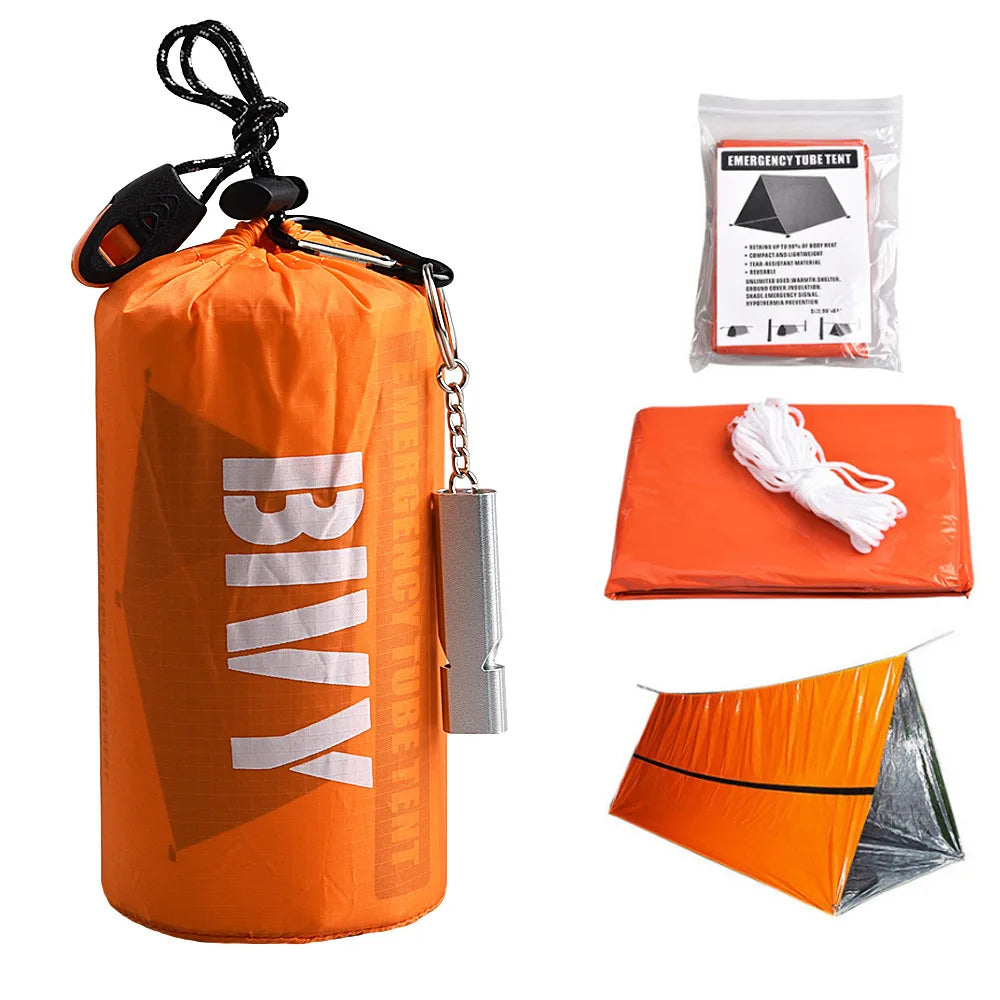 Emergency Survival Tube Tent Kit Thermal Blanket Shelter